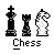 Pixel art of three chess pieces—queen, rook, and knight—and the word 'Chess' in blocky text on a gray background.