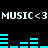 Pixelated text and audio visualizer bars on black background, with 'MUSIC <3' repeated twice and cyan bars shifting in height.