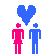 Two pixelated figures stand beneath a heart symbol, with one figure in pink and the other in blue on each side of the image.