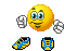 Yellow circular emoji face with blue eyes and small black eyebrows, wearing blue-and-yellow sneakers, shown in multiple poses with changing arm positions.