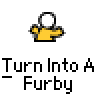 A 4x3 contact sheet of pixel art frames showing a yellow cartoon character transforming into a brown Furby-like creature with text "Turn Into A Furby" below each frame.