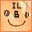 Pixelated smiley face with 'IL B' text above, brown eyes, and a curved brown mouth on a light orange background.
