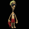 Animated cartoon character in red swim trunks holding a red object, cycling through three distinct poses against a black background.