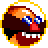 Pixelated circular icon with yellow border showing a character's face featuring dark brown hair, blue eyes, red nose, and white teeth against gray background.