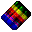 A diamond-shaped pixelated icon with a gradient of blue, red, yellow, green, and black pixels on a gray background.