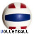A contact sheet of 18 animated frames showing a volleyball icon with red, white, and blue colors arranged in horizontal stripes on the ball's surface.
