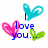 Pixelated icon with blue text reading "I love you." and "but you could care less" flanked by cyan, pink, and green hearts on white background.
