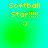 Yellow pixelated text "Softball Star!!!!!" and a smiley face on a green-to-cyan gradient background with subtle circular light effects.