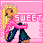 Pixelated character with long blonde hair in pink top and dark blue pants, standing against pink background with 'SWEET' text overlay.