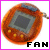 Pixelated circular icon with orange-brown gradient border, dark gray center, and yellow accents; pink frame surrounds white background; black block letters spell FAN at bottom.