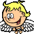Pixelated cartoon angel with blonde hair, white wings, and red mouth opening across six sequential poses showing varied expressions and a thumbs-up gesture.