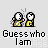 Pixel art of two yellow-clad figures with white heads, one raising a fist while the other looks on; text below reads 'Guess who I am' in blocky font.