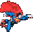 Pixelated character with red hair and blue body in three sequential poses showing forward motion, arms extended, and head turned left.