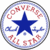 Circular blue-star logo with red text on white background, adjacent to black 'Converse' text and solid black heart shape on orange backdrop.