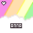 Pixelated icon with pink, orange, yellow, and green diagonal stripes above a white cloud-like base; heart symbol changes color while text below shifts between black-and-white, purple, and green outlines.
