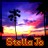 Pixelated sunset scene with palm tree silhouette against gradient sky, text 'Stella Jo' in orange-brown block letters at bottom.