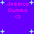 Pixelated text 'Jessica Dumma' with heart symbol on purple background, surrounded by light blue stars.