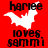 Red background with black text 'hamee loves sammi' and white bat-shaped icons, one with a tail and one without, in two vertical