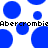Blue circles of varying sizes float on a white background with pixelated text reading "AbercrombieAbercrombie" in black.