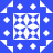 Blue background with white geometric patterns including corner triangles and circular dots surrounding a central square grid of blue and white pixelated shapes.