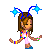 Pixel art buddy icon featuring a cartoon girl with brown hair, blue antennae, and rainbow accessories against purple text background.