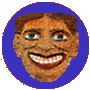 Six circular blue-bordered icons display stylized cartoon faces with exaggerated grins, arranged in two of three on a gray background with red dots