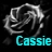 Pixelated grayscale rose with cyan text 'Cassie' on black background.