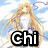 Pixelated anime-style character with long blonde hair and a white top, set against a light blue sky background with faint clouds.