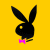 Black bunny silhouette with pink bow tie on yellow background, pink cursive text 'Playboy' and 'Bunny' visible.