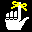 Two pixelated white hand icons with yellow bow-like shapes on black background, showing different finger positions.