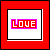 Red square frame with white inner border contains 'LOVE' text in pink outline font, transitioning to stylized heart symbol.