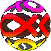 spherical icons with interlocking X and fish symbols, each displaying a distinct color gradient from top to bottom