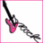 Pixelated pink and black electric guitar icon with a white background bordered by thin pink frame.