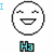 Pixelated circular face with closed eyes and a wide smile, surrounded by colored text elements in various positions.
