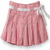 Two static skirt images side-by-side: a pink pleated skirt with white accents and a beige textured skirt, both viewed from above on plain background.