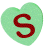 Green heart-shaped object with red letter S in various 3D orientations