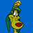 Pixelated cartoon character with yellow body, green hat and tail, red mouth, white eyes with black pupils, on solid blue background.
