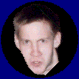 A circular crop of a person's face in various rotated positions against a blue background with black matte.