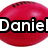 Red oval-shaped icon with white text reading "Daniel loves footy" over a red background, featuring partial black text at the top.