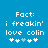 Blue background with white pixelated text reading "Fact: i freakin' love colin" and five star symbols below, where the third star changes from white to light blue between frames.