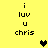 Yellow background with black text 'i luv u chris' arranged in two , featuring a central pixelated heart and two side hearts that change color