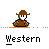 Pixel art character in brown cowboy hat and jacket, shown in multiple poses including standing, sitting, and hanging from a noose, with text labels above and below.