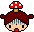 Pixel art character with red mushroom cap, brown hair, blue bangs, black eyes, and red mouth; show mouth open and closed