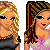 Pixel art contact sheet of four female cartoon characters in various poses with a pink-bordered text box showing "Bff".
