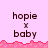 Pixelated text 'hopie' above a small 'x' symbol and 'baby' below, on pink background with red wave pattern.