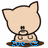Pixelated cartoon cat with beige fur, black outline, and small dark eyes; blue text below reads 'Zoe C' on left frame and 'FOOD!!!' on right frame.
