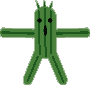 Green cactus-like character with black eyes and mouth in various poses against light gray background