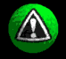 Green spherical icon with black triangular warning symbol containing white exclamation mark, rotating through multiple angles.