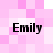 Four identical 'Emily' text labels in black serif font on a pink and white pixelated background