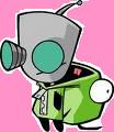 Static cartoon icon of a gray robot with green eyes and antenna holding a smaller green character against a pink background.